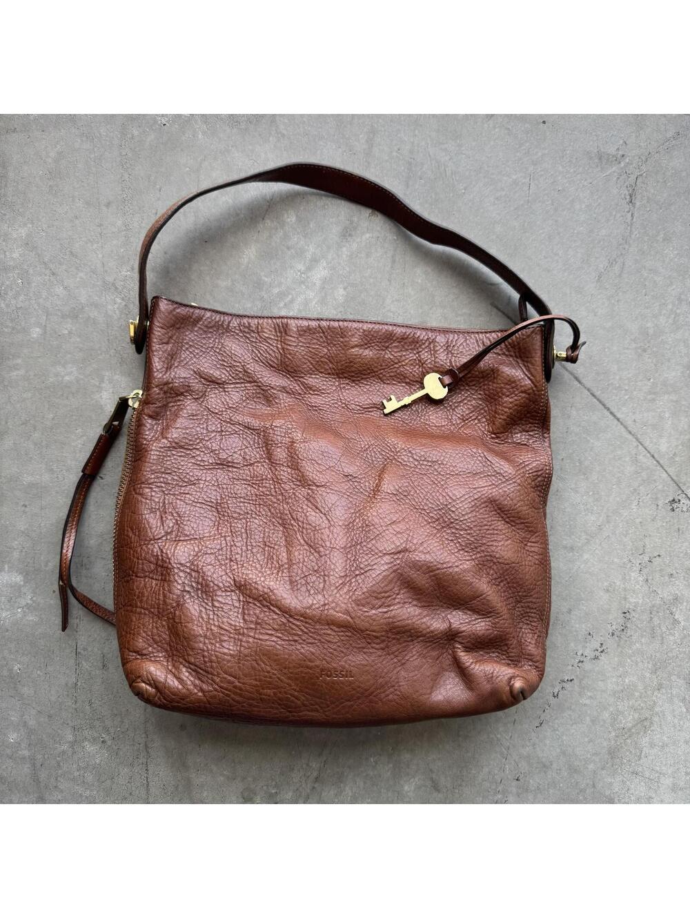 Vintage Y2K Fossil Brown Genuine Leather Hobo Shopper Purse